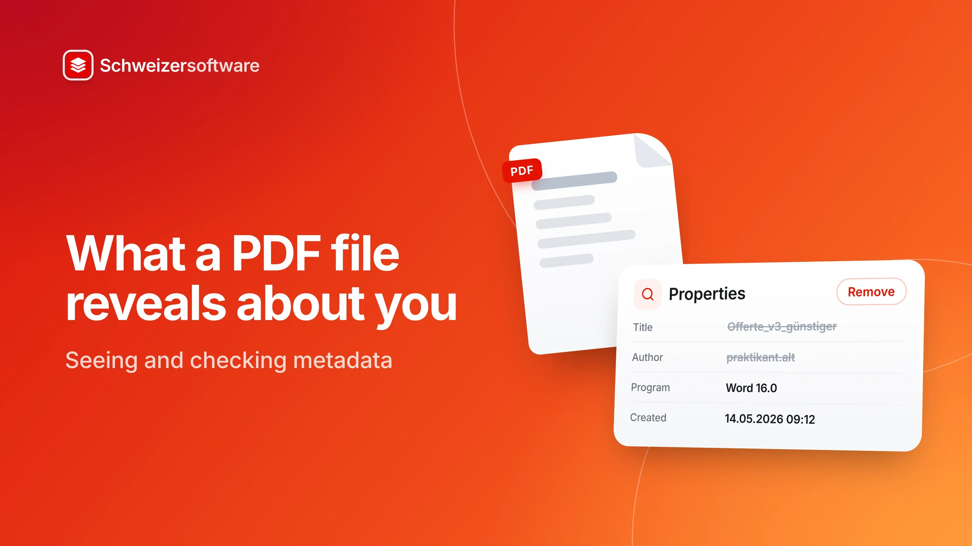 Cover on a red-orange background: “What a PDF file reveals about you”, below it “Seeing and checking metadata”. Beside it a PDF and its properties: the title “Offerte_v3_günstiger” and the author struck through, program and creation date visible, and a “Remove” button.