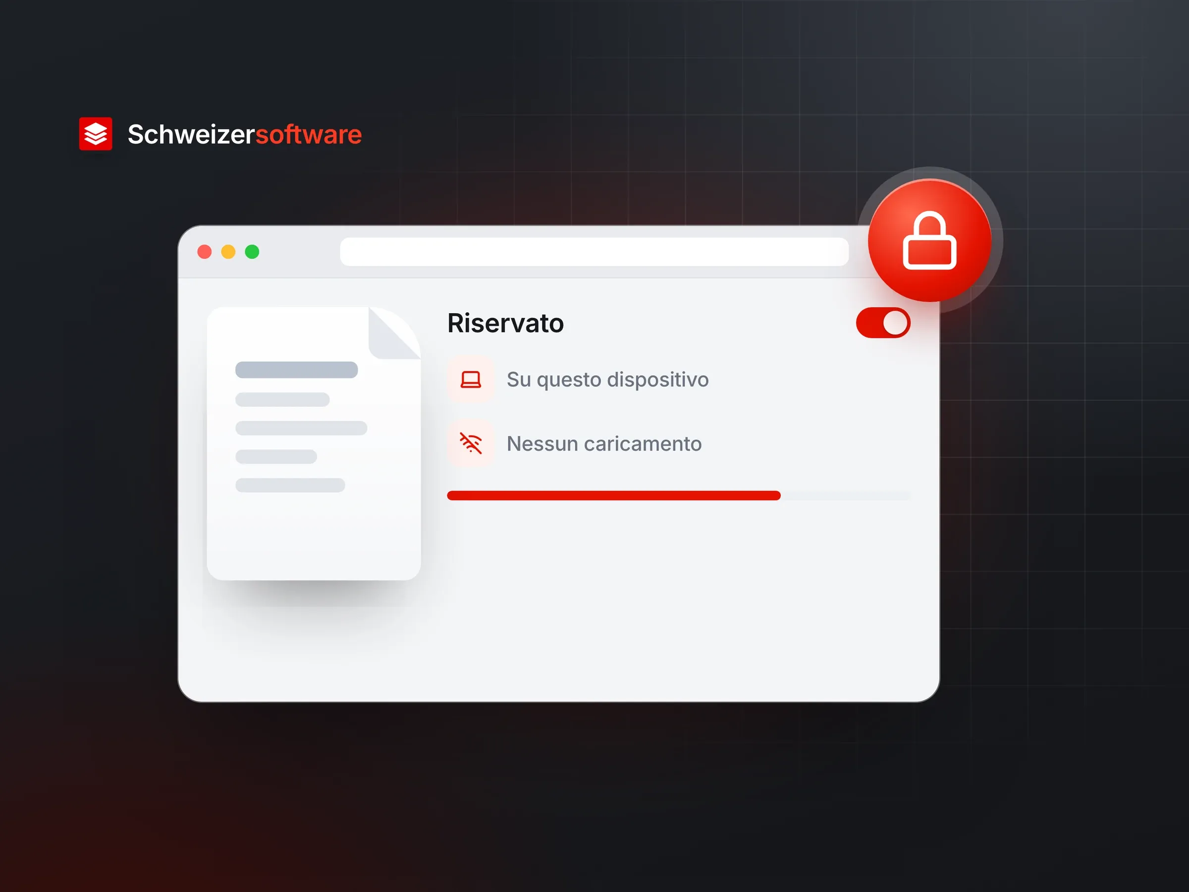 Una finestra del browser con un PDF e la modalità «Riservato» attivata: «Su questo dispositivo», «Nessun caricamento», con un’icona di lucchetto rossa, su sfondo scuro.