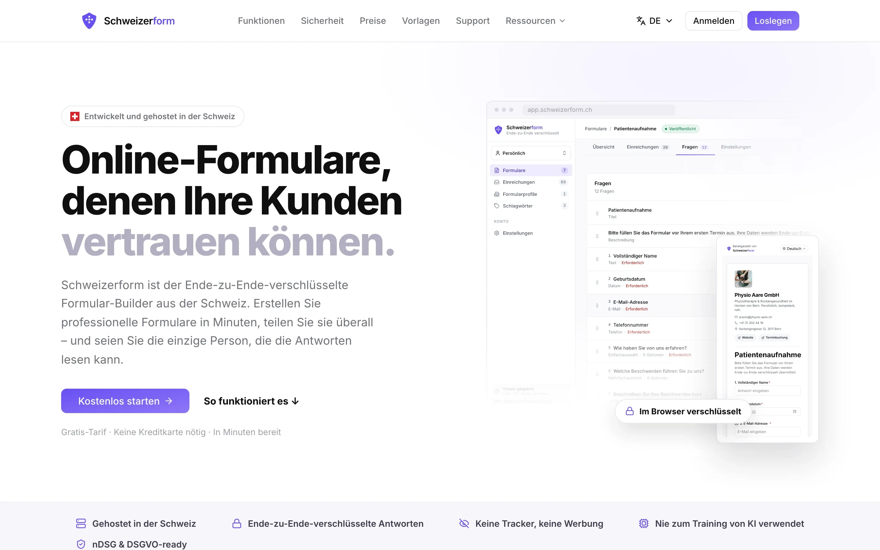 Die Startseite von schweizerform.ch auf Deutsch: die Überschrift «Online-Formulare, denen Ihre Kunden vertrauen können», die Schaltfläche «Kostenlos starten» und daneben die Oberfläche der App mit einem Formular und dem Hinweis «Im Browser verschlüsselt».