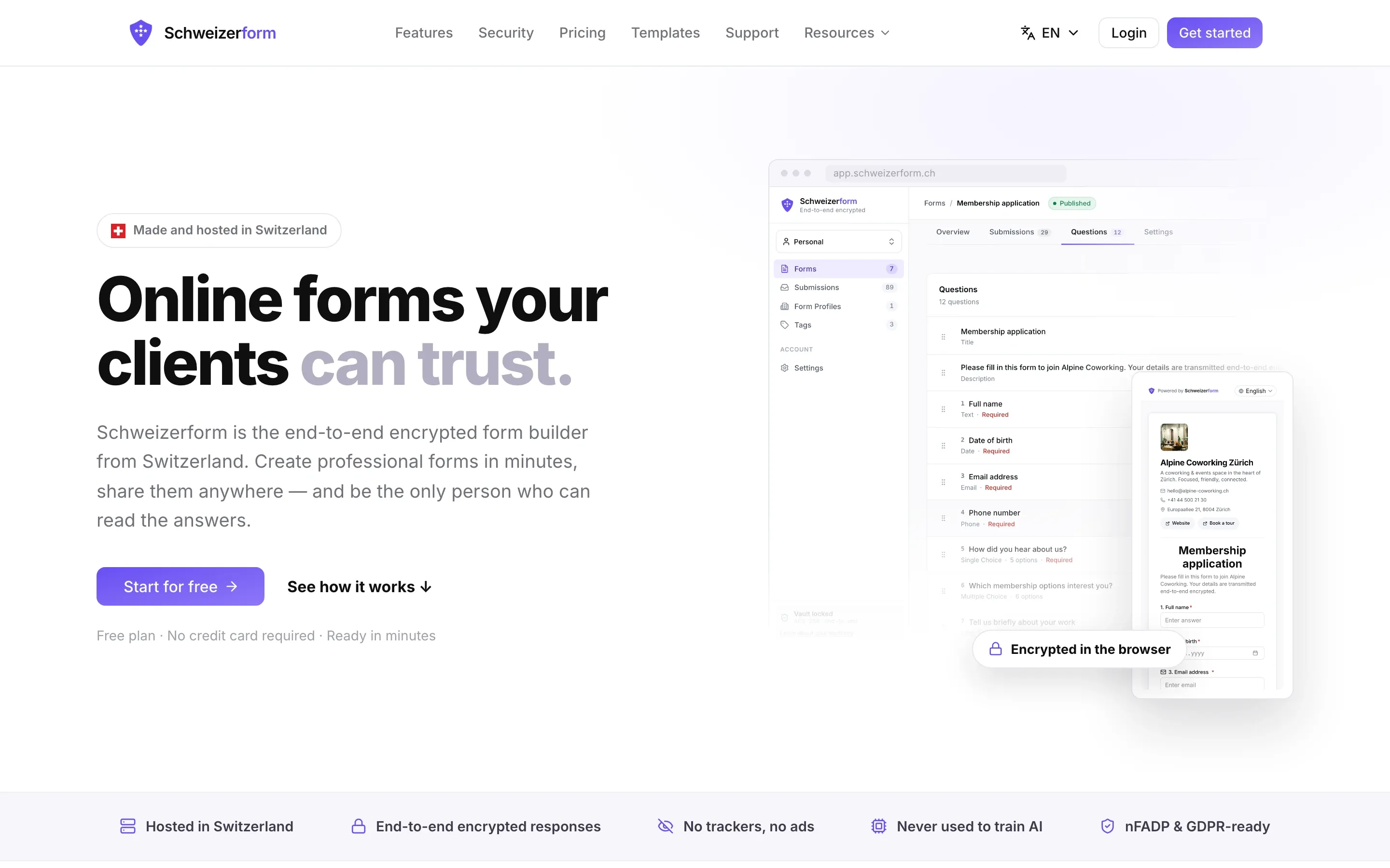 The home page of schweizerform.ch in English: the heading “Online forms your clients can trust.”, the button “Start for free” and, beside it, the app’s interface with a form and the note “Encrypted in the browser”.