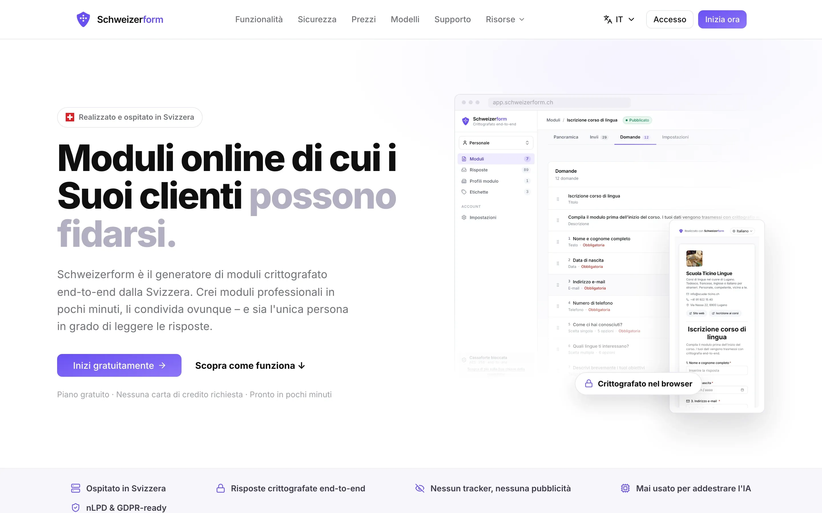 La pagina iniziale di schweizerform.ch in italiano: il titolo «Moduli online di cui i Suoi clienti possono fidarsi.», il pulsante «Inizi gratuitamente» e, accanto, l’interfaccia dell’app con un modulo e l’indicazione «Crittografato nel browser».